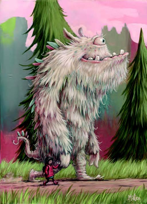 A little girl walking in a forest holding the hand of a large, friendly, one-eyed furry monster.