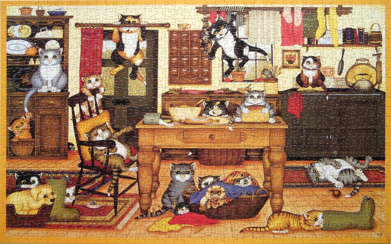 An illustration of a busy, cozy kitchen filled with many playful cats.
