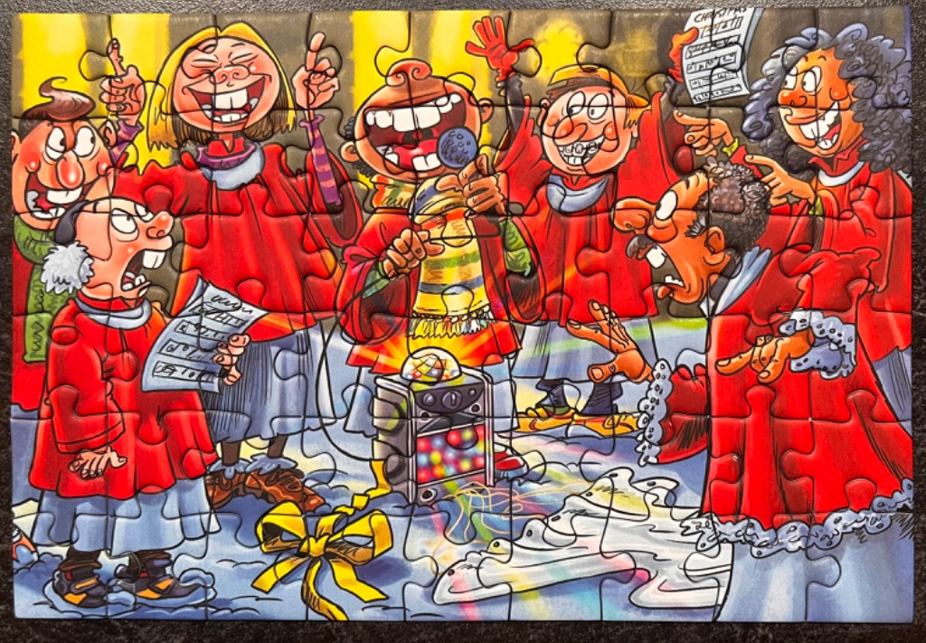 Cartoon choir in red robes singing with a microphone and stereo. Bright colors.