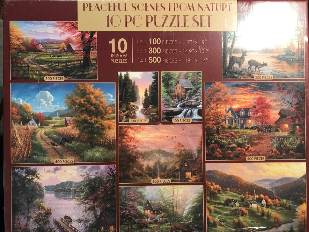 A collection of ten landscape paintings depicting idyllic nature scenes, cabins, and forests in autumn tones.