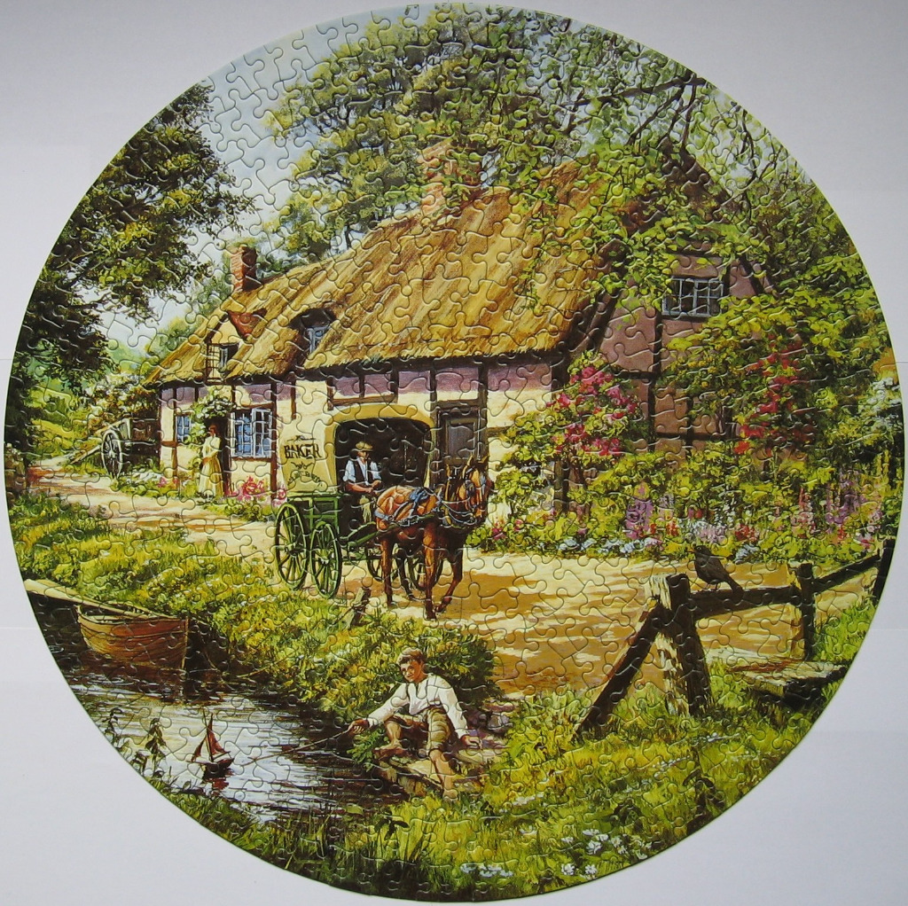A round illustration of a rural thatched-roof cottage with a horse-drawn bakery cart and a boy playing by a stream.