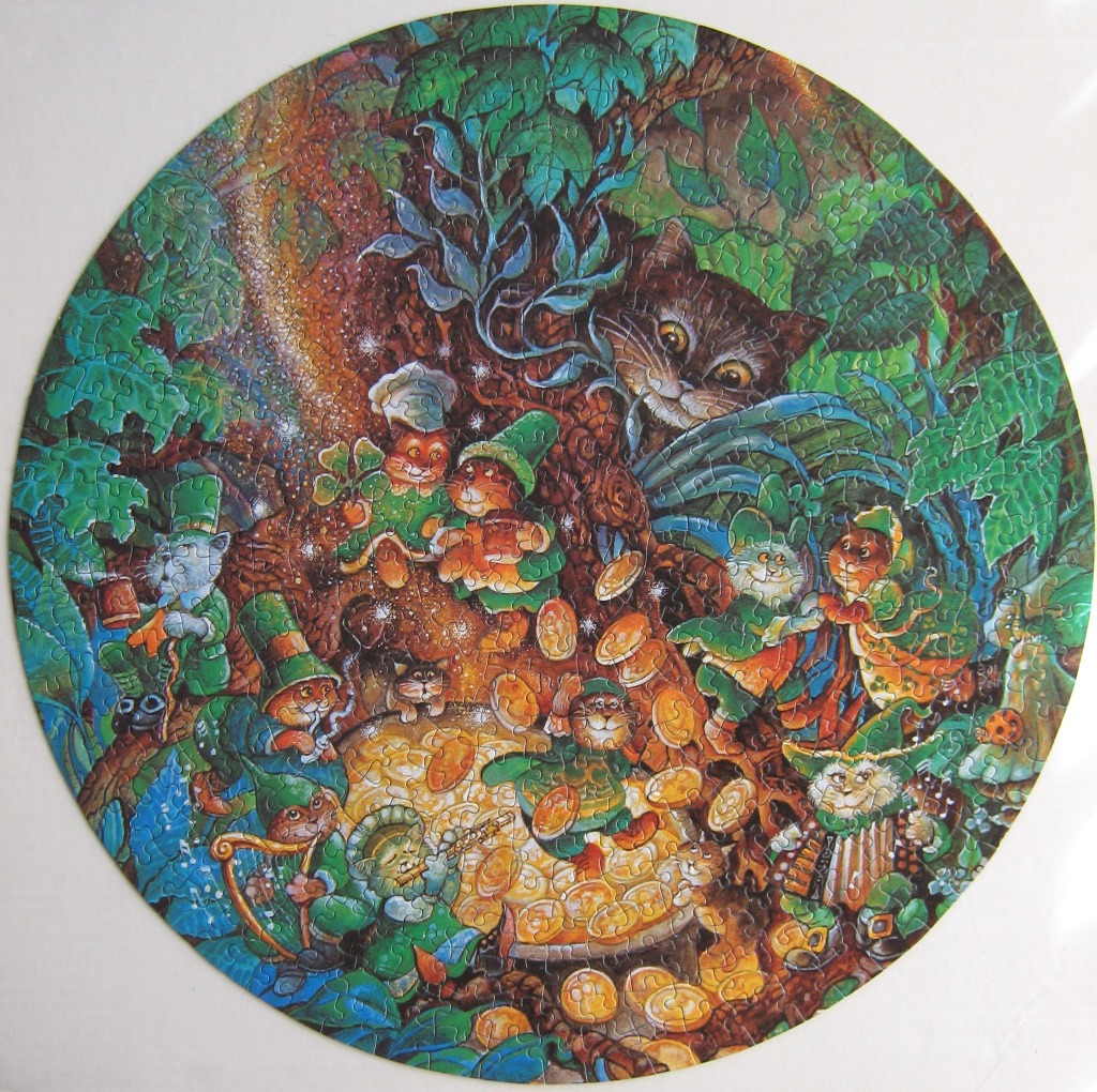 An illustration of leprechaun cats in a forest gathered around a pot of gold coins.
