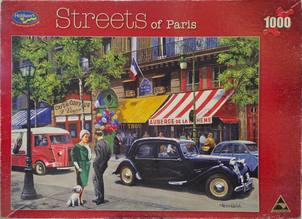 An oil painting of a 1950s Parisian street scene with a vintage black car, a red food truck, and pedestrians.