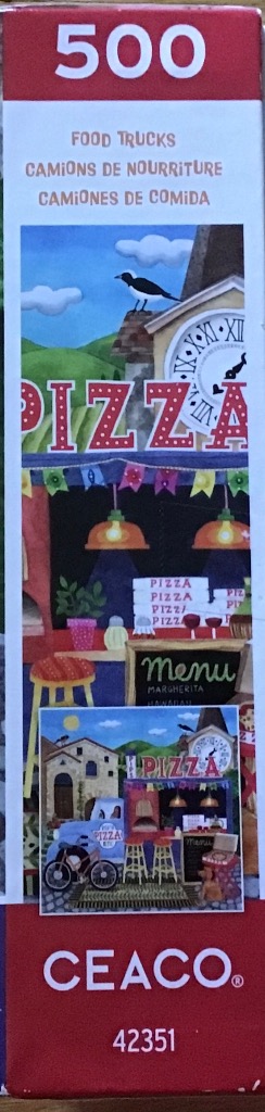 Colorful illustration of food trucks, with bold "PIZZA" lettering and a blue truck.