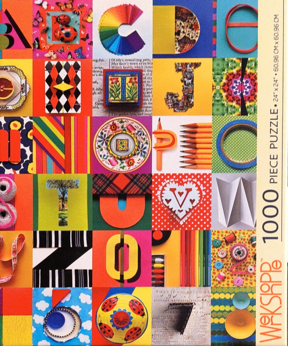 An alphabet-themed collage composed of colorful, themed square tiles featuring various textures and objects.