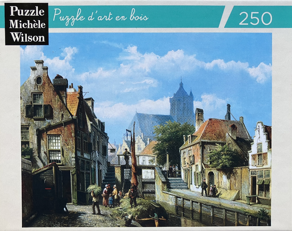 Oil painting of a 17th-century Dutch canal scene with traditional brick buildings and a church in the background.