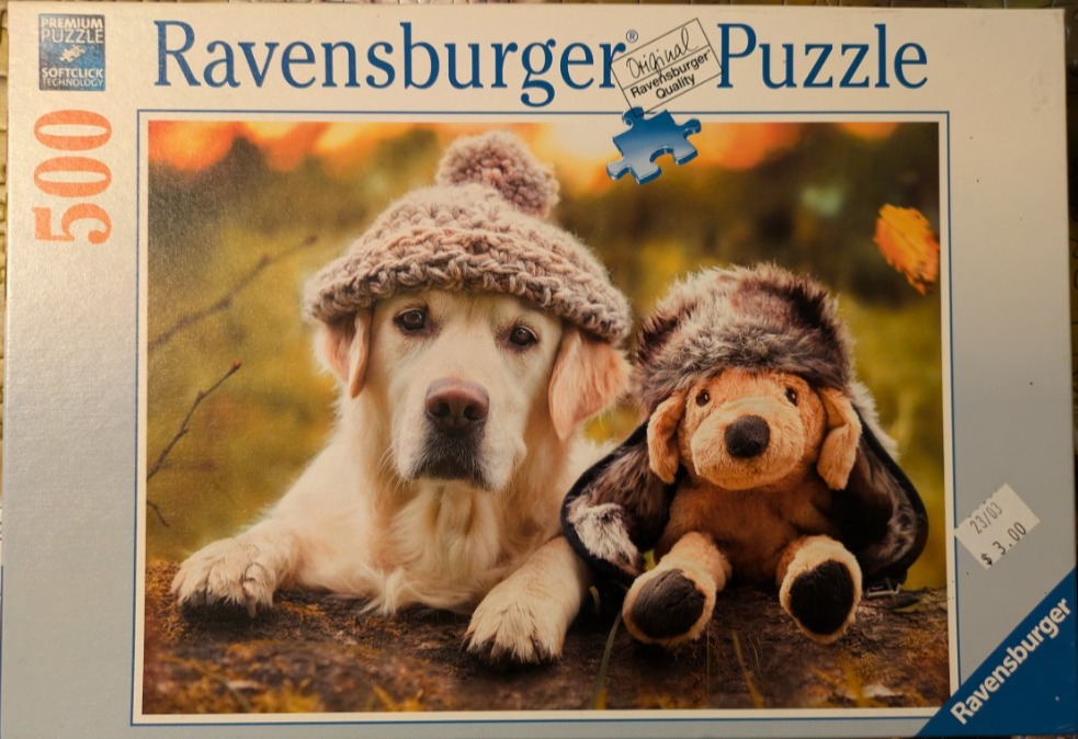 A golden retriever wearing a knit hat sits next to a plush puppy toy wearing a furry trapper hat in autumn woods.
