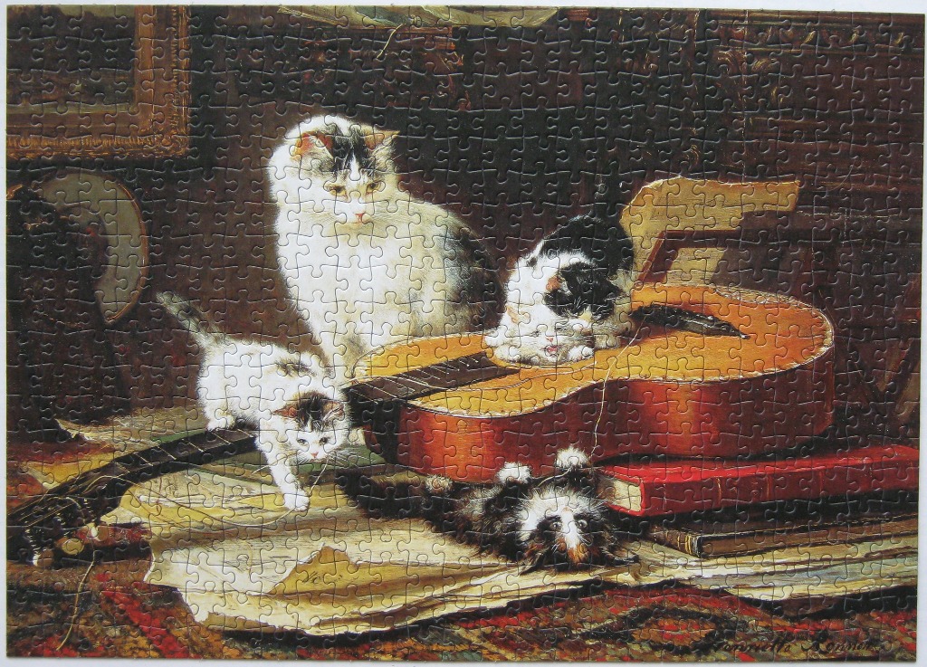 A classical oil painting of three cats interacting with a guitar and sheet music.