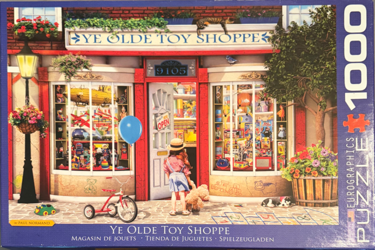 A young girl with a teddy bear stands in front of a charming, nostalgic toy shop entrance.