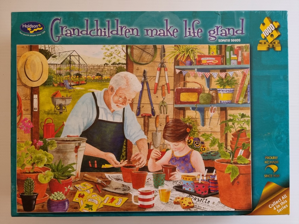 An elderly man and a young girl planting seeds together in a wooden garden shed.