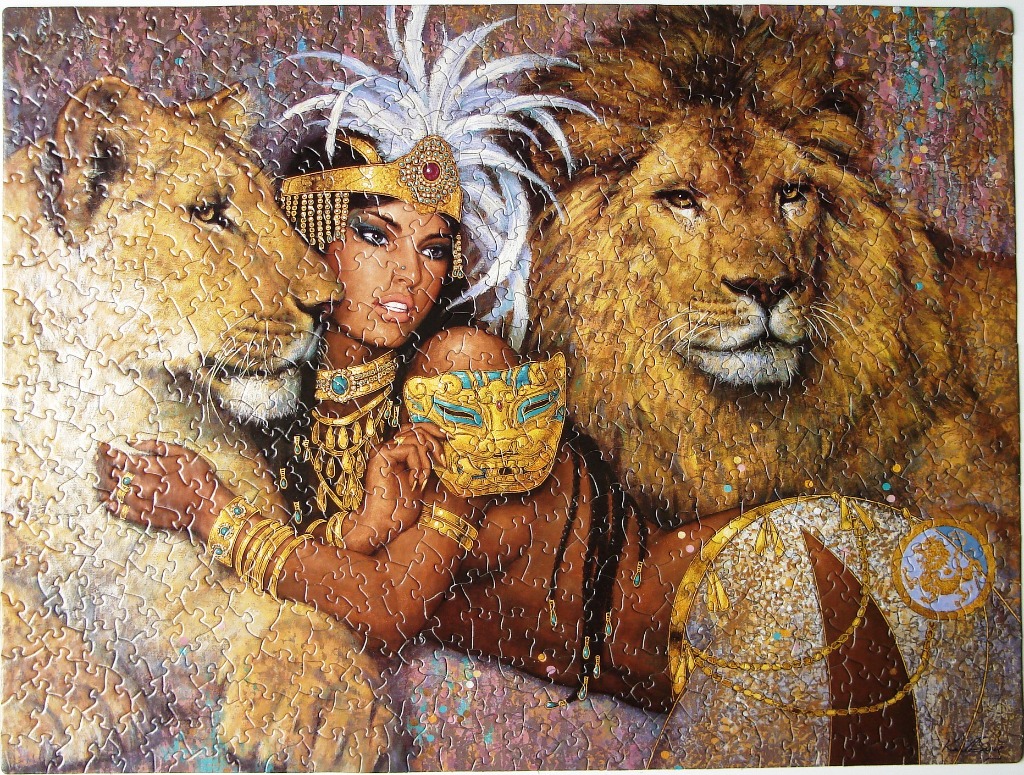 Fantasy illustration of an adorned woman flanked by two lions