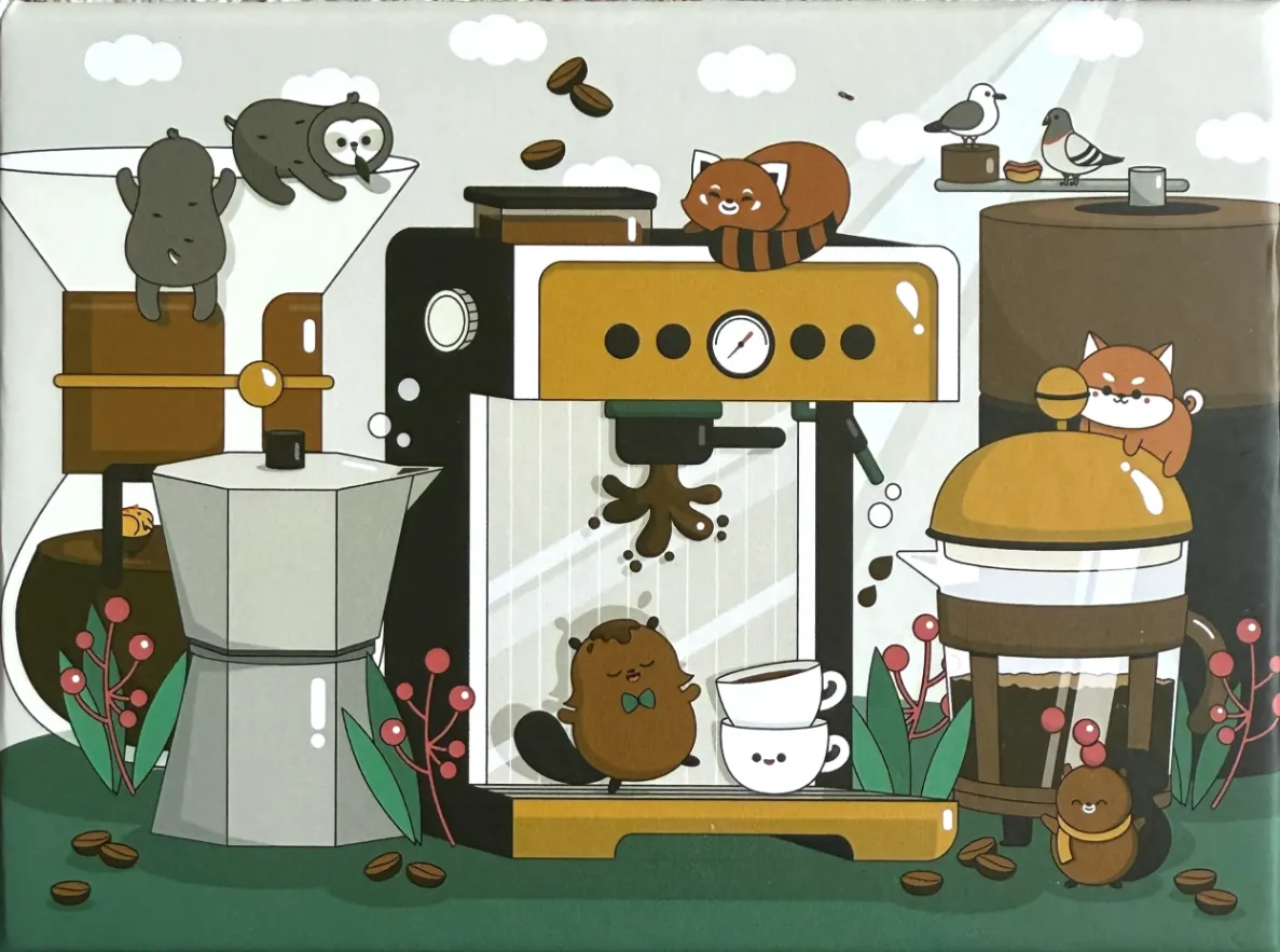 Cute cartoon animals playing around various coffee brewing machines including a French press and espresso maker.