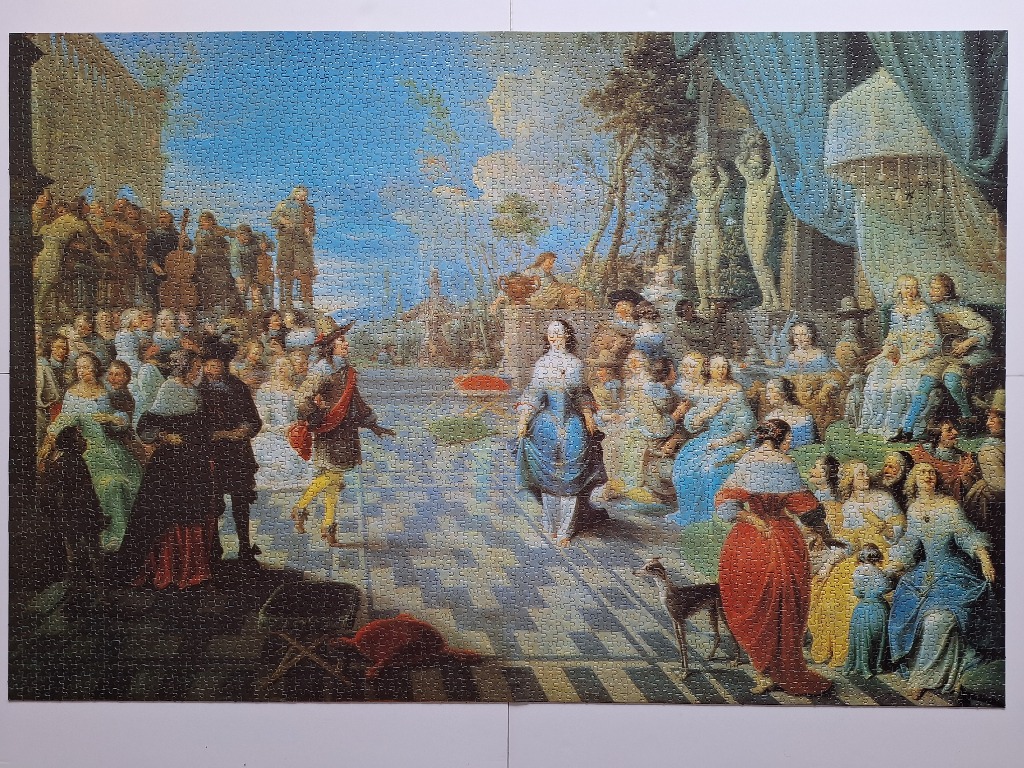 An 18th-century style painting of a courtly garden scene with many figures in elegant period attire.