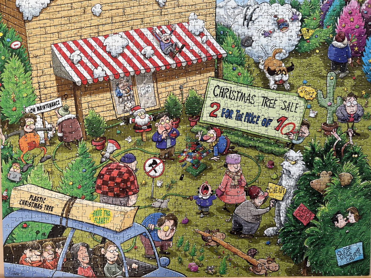 A humorous cartoon scene of a chaotic Christmas tree lot with customers and staff.