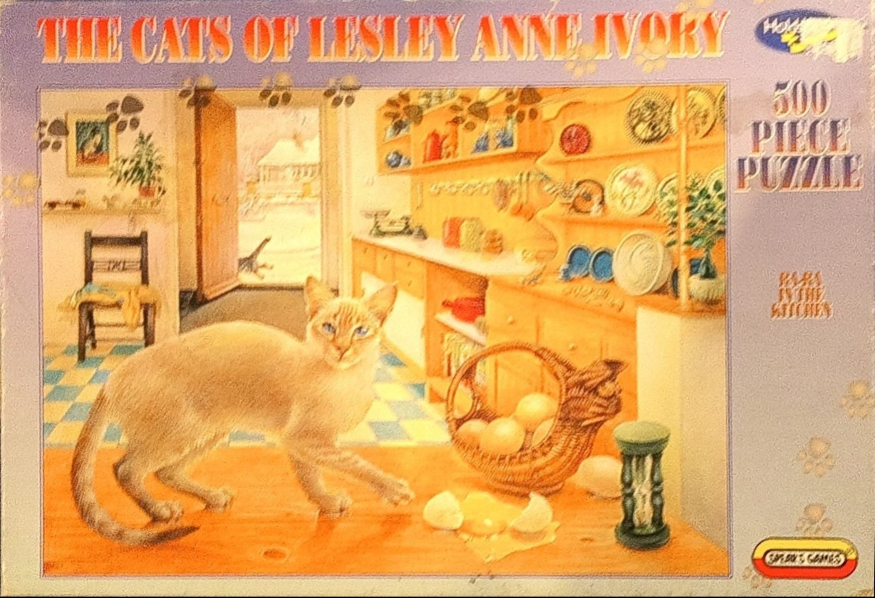 An illustration of a light-brown cat standing on a kitchen counter near a basket of eggs and a broken egg.