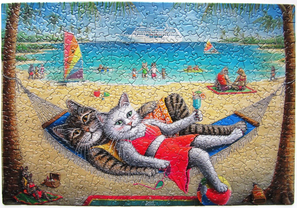 Cartoon illustration of two cats relaxing in a hammock on a sunny tropical beach with a cruise ship in the background.