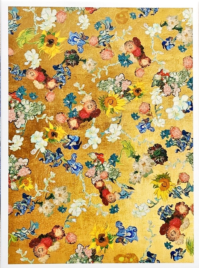 A floral pattern of sunflowers, irises, and carnations scattered across a metallic gold background.