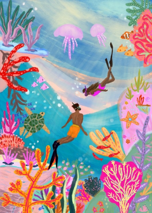 A vibrant digital illustration of two snorkelers swimming amongst colorful coral, sea turtles, and jellyfish.