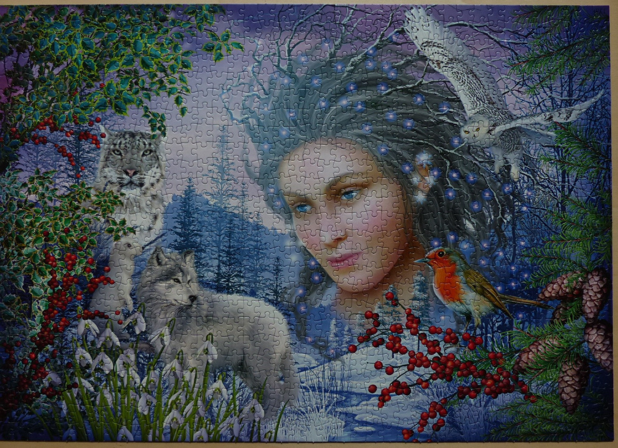 A fantasy painting featuring the ethereal face of a woman merged with a snowy forest, wildlife, and winter flora.