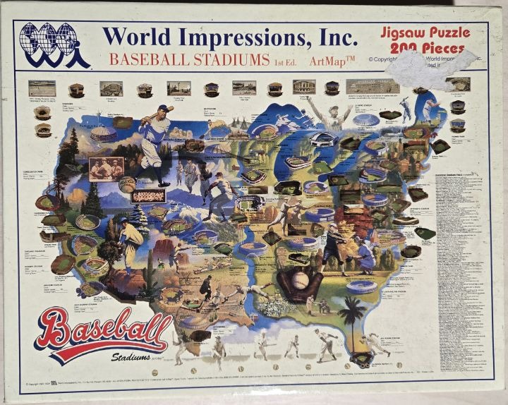 A map of the United States illustrated with various historic and modern baseball stadiums and players.