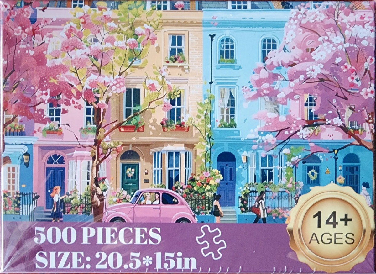Street scene of colorful London-style townhouses framed by blooming cherry blossom trees and a vintage pink car.