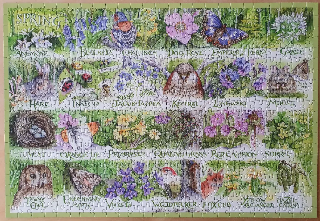 A nature illustration featuring various spring plants, animals, and insects arranged in a grid-like pattern.