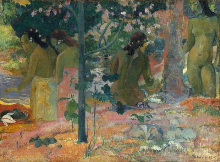 Four Tahitian women relaxing in a lush, stylized landscape with dogs in the foreground