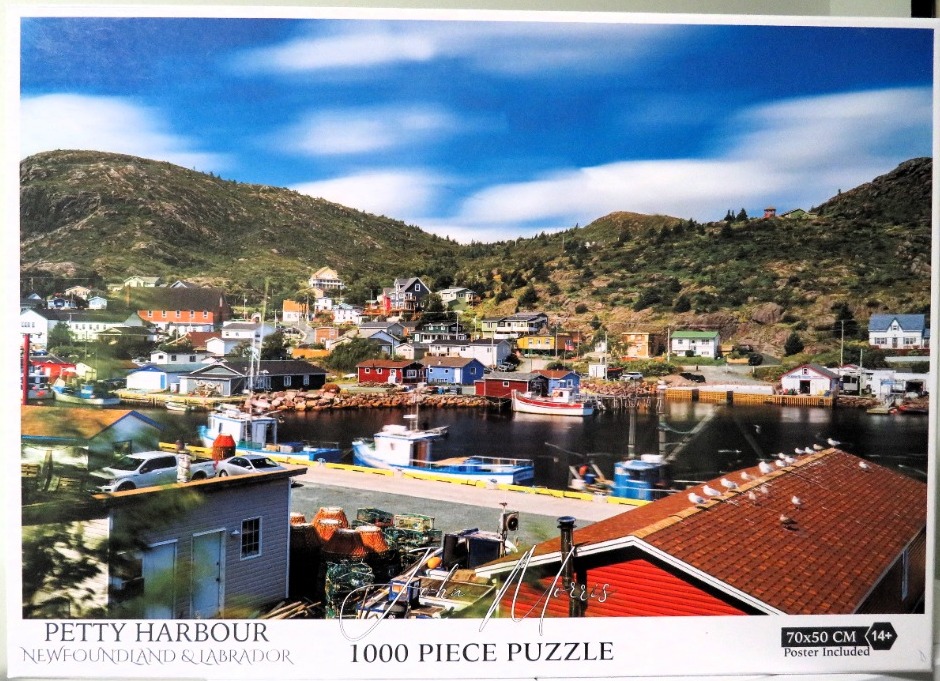 A scenic photograph of the colorful Petty Harbour fishing village in Newfoundland nestled against rocky hills.