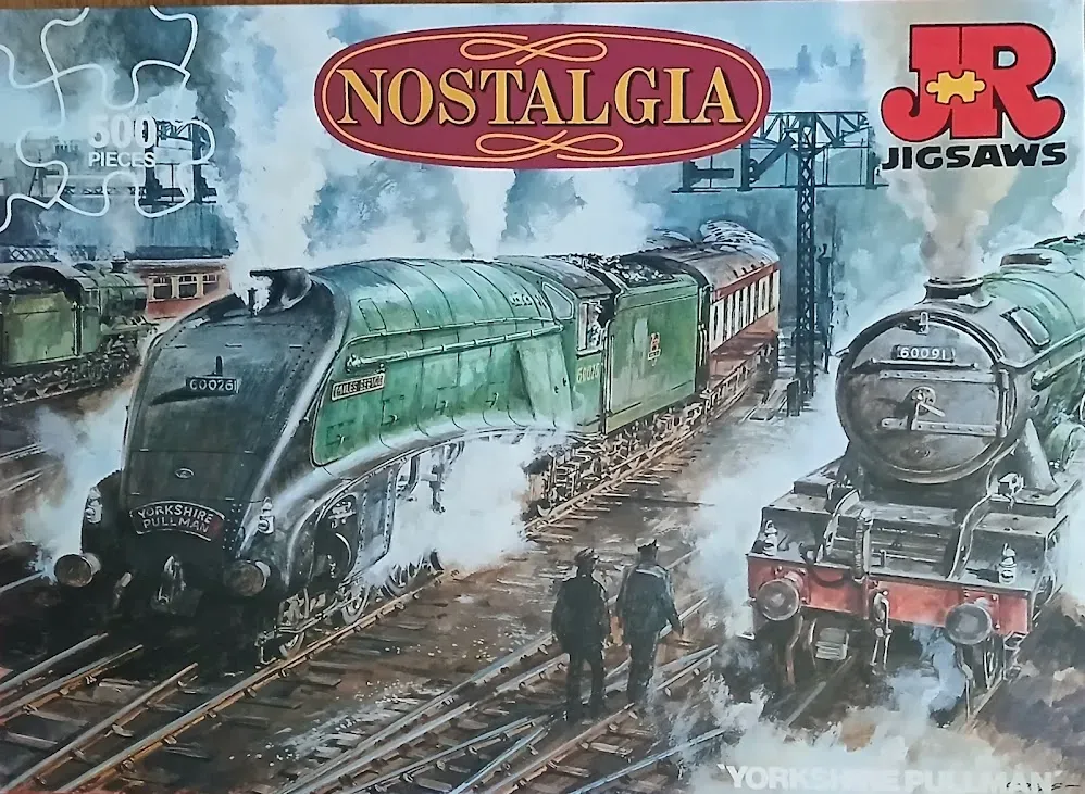 Illustration of vintage steam trains at a railway station with figures on the tracks.