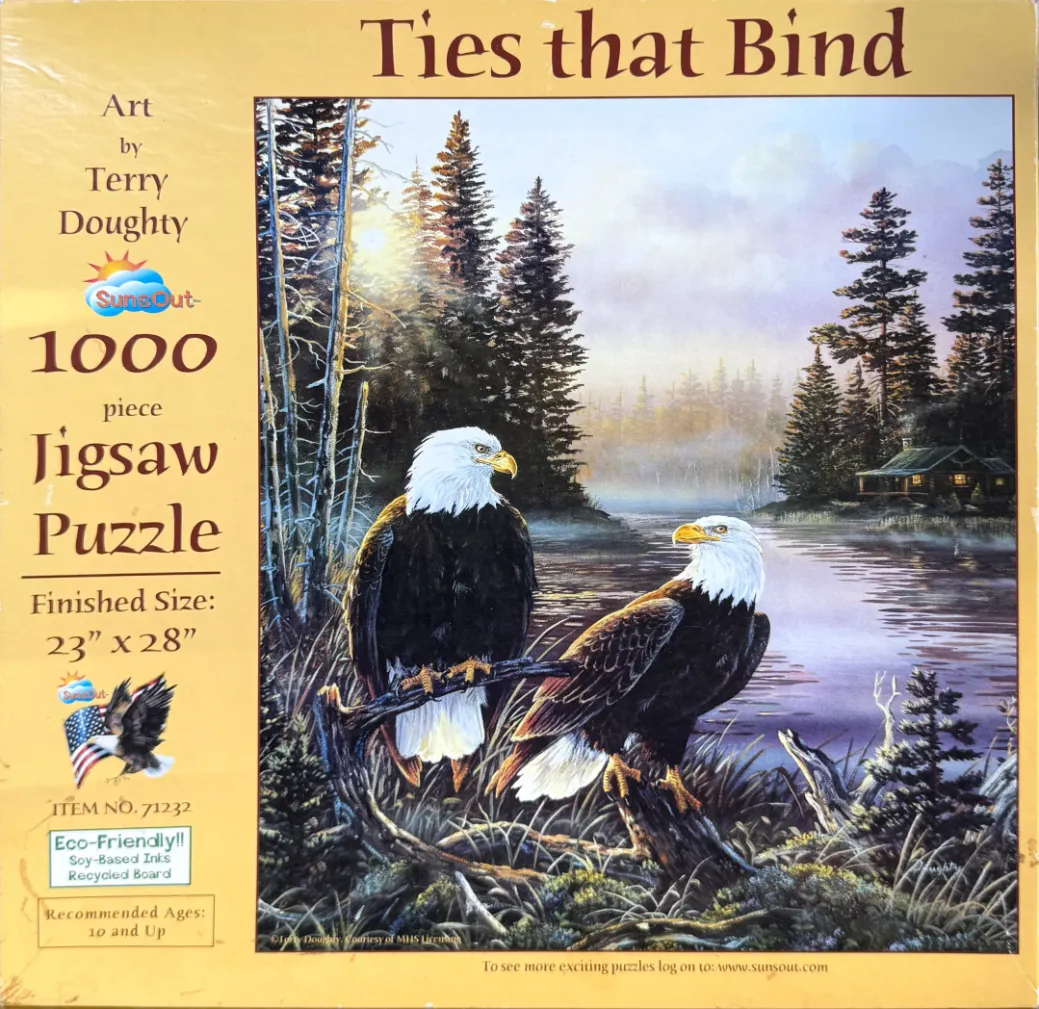 Painting of two bald eagles perched on a branch overlooking a lake and a cabin at sunset.