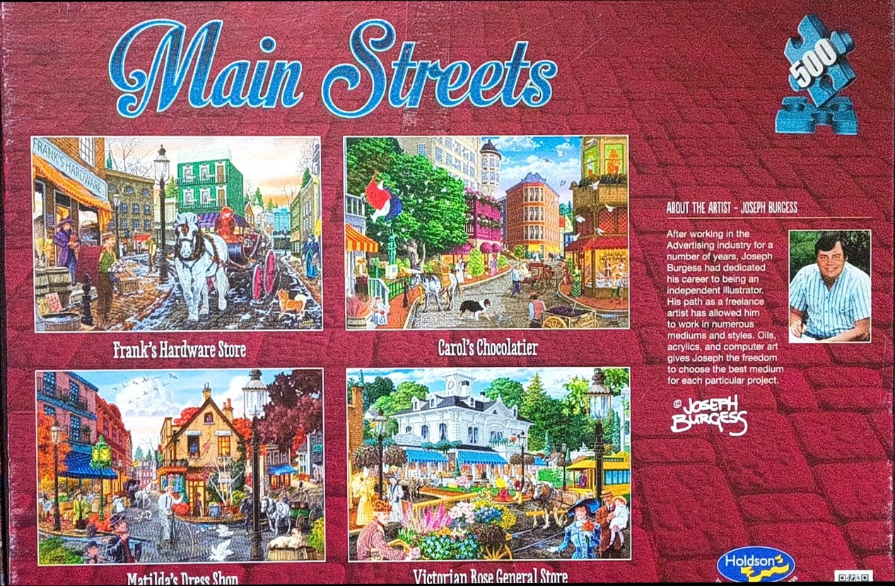 A collage of four nostalgic small-town street scenes by artist Joseph Burgess.