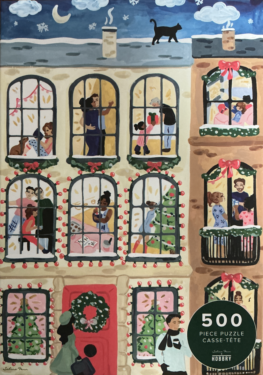 Illustration of a multi-story apartment building at night during Christmas with people in each window.