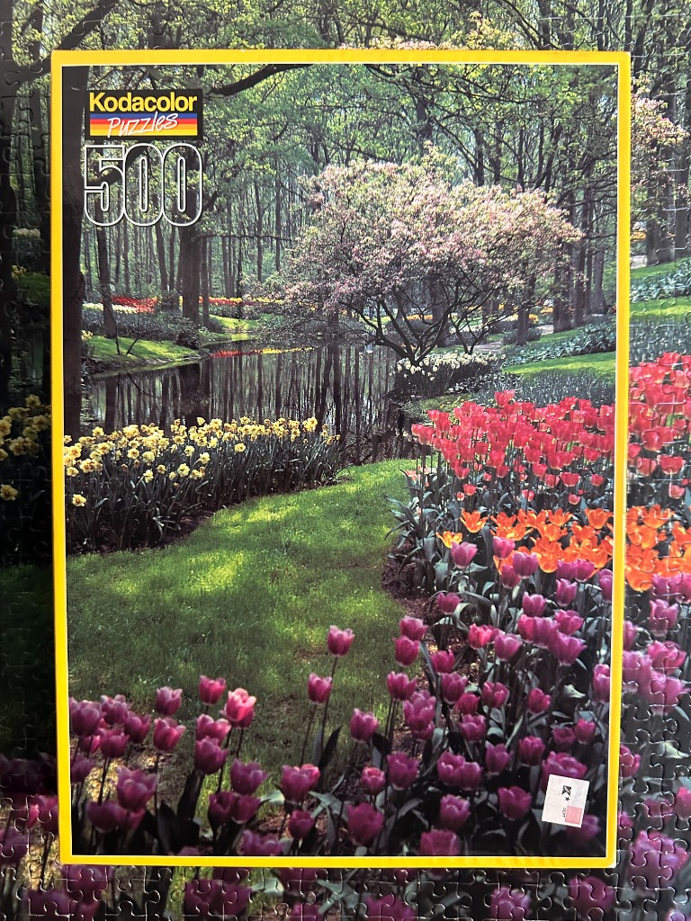A lush spring garden with vibrant tulips, a quiet pond, and a dense, sun-dappled forest in the background.