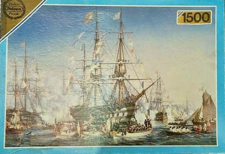 An oil painting of a historic naval battle featuring several tall ships and small rowing boats on a misty sea.