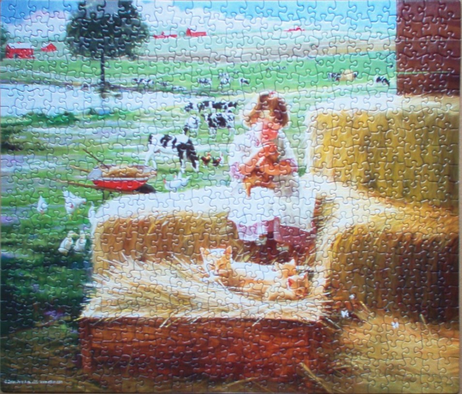 A young girl sitting on hay bales with kittens on a farm, surrounded by cattle and chickens in a pastoral landscape.