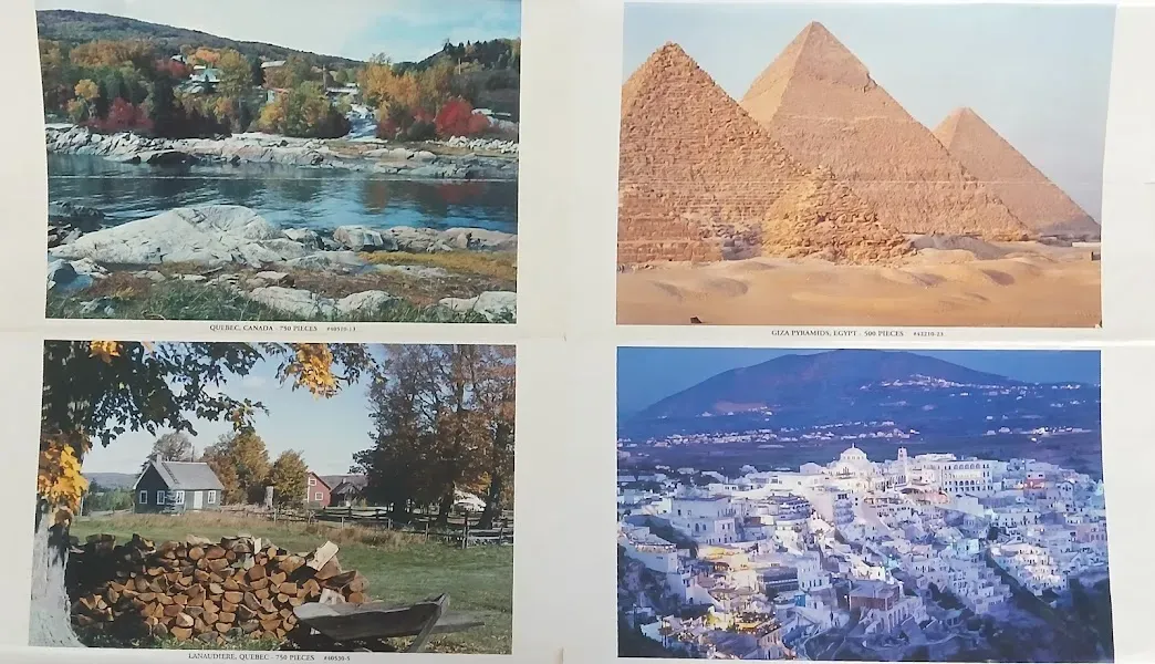 Four distinct landscape scenes: Quebec autumn waters, Giza pyramids, a rural Quebec farmstead, and a white hilltop village.