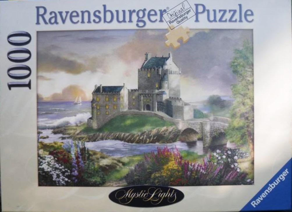 Oil painting of a stone castle by the sea at sunset with a colorful wildflower garden in the foreground.