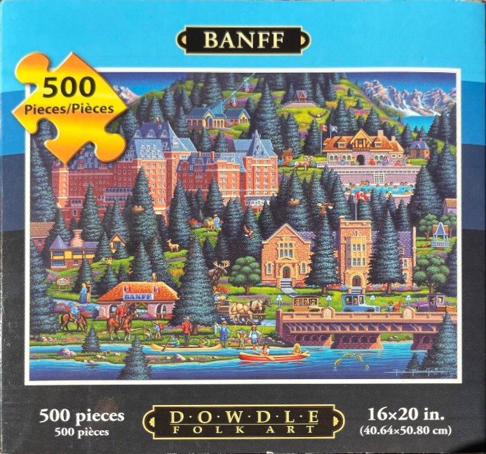 Folk art painting of Banff, featuring a grand stone hotel, surrounding evergreen forest, and river activities.