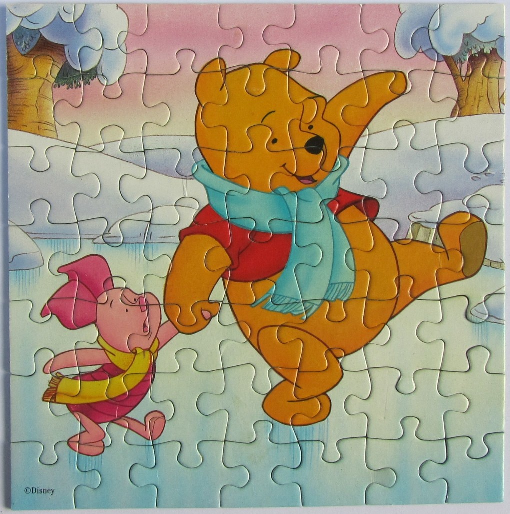 Winnie the Pooh and Piglet walking together in a snowy landscape