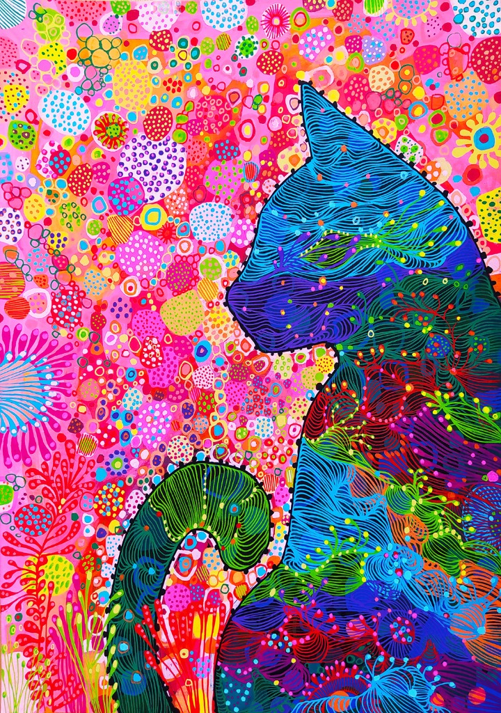 A stylized cat in shades of blue and purple sits against a vibrant, abstract background of pink, yellow, and orange dots.