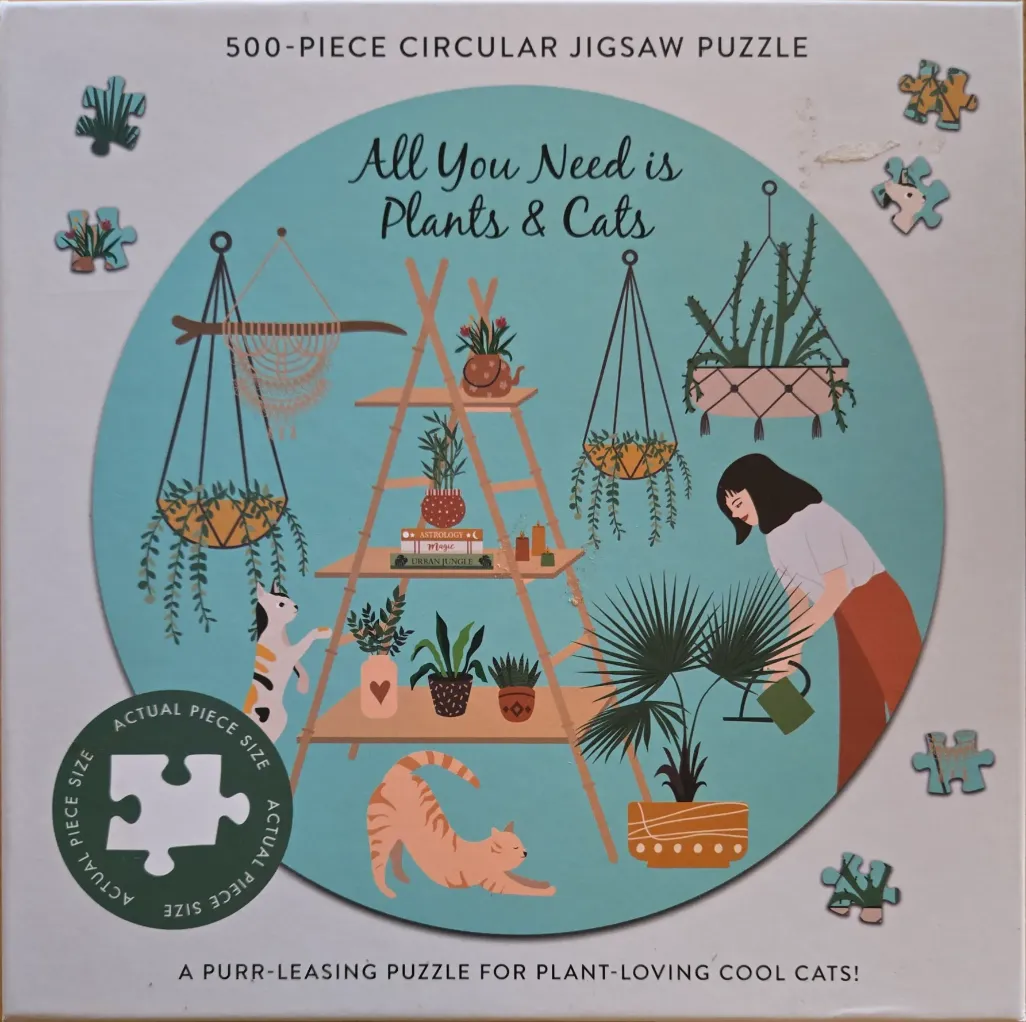 Illustration of a woman watering plants surrounded by hanging planters and two cats in a light blue circle.