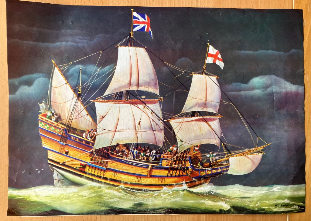 A detailed painting of a galleon-style ship at sea under a dark, stormy sky.