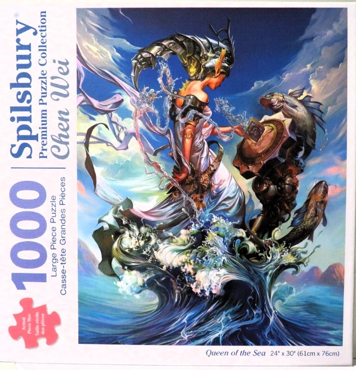 Fantasy illustration of a mechanical ocean queen surfing on a large wave surrounded by fish