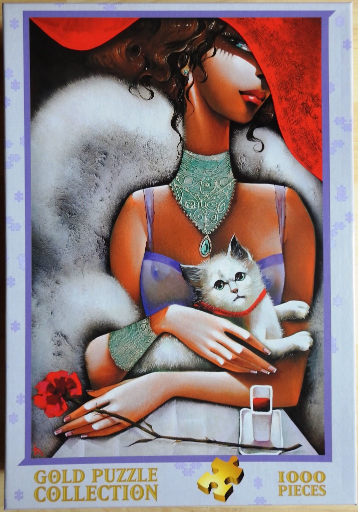 Stylized illustration of a woman in a red hat holding a white kitten, accented by ornate turquoise jewelry.