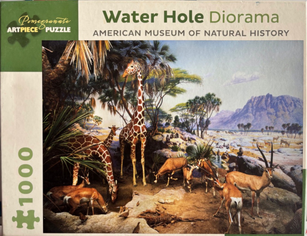 A diorama scene featuring a giraffe and several antelopes at a desert water hole with distant mountains.