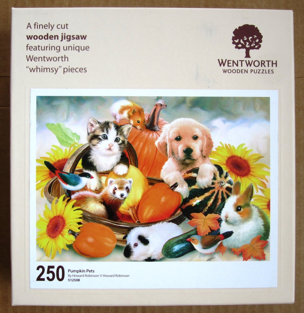 An illustration of various small pets gathered around pumpkins and sunflowers.