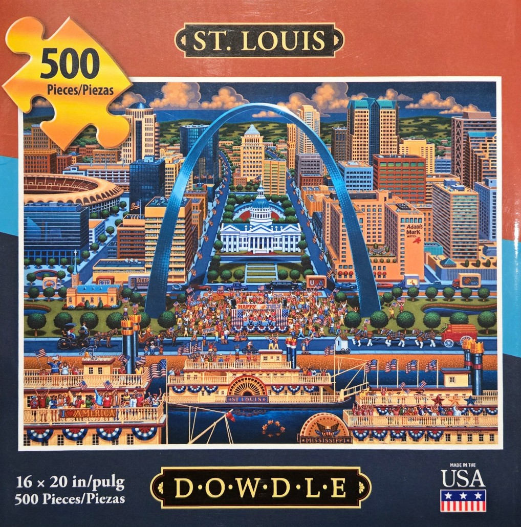 A folk-art style illustration of the St. Louis Gateway Arch and downtown cityscape during a Fourth of July celebration.