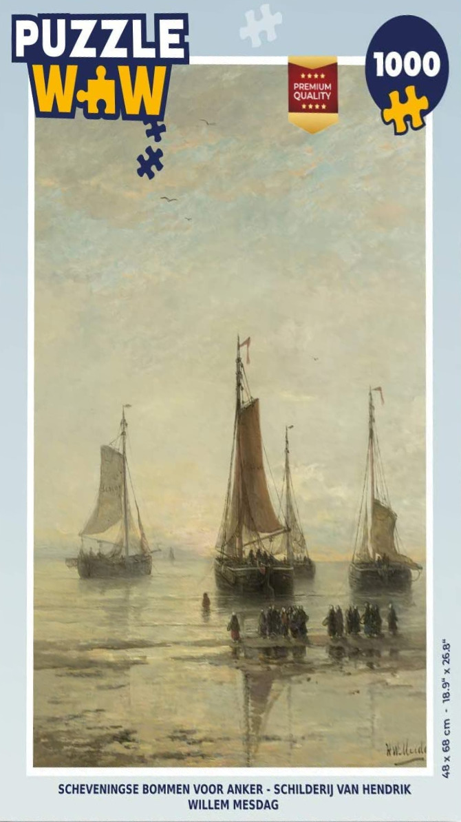 Oil painting of three sailboats anchored off a beach with figures gathering at the water