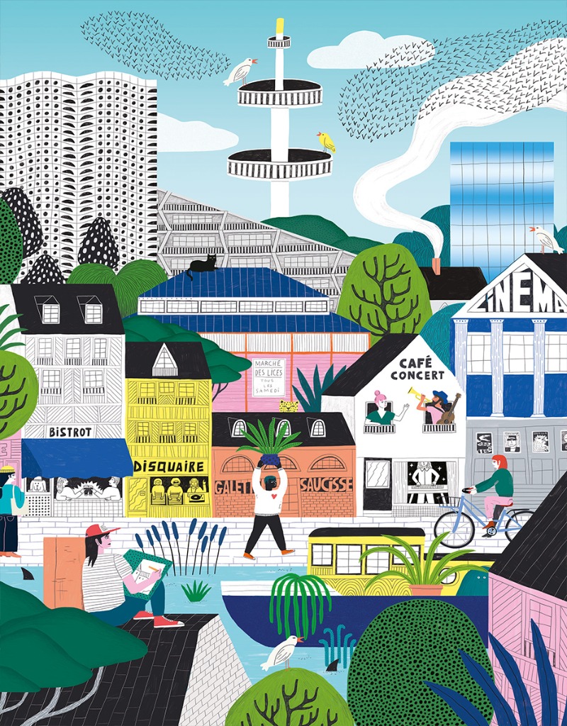 A vibrant, stylized illustration of a European cityscape with buildings, a canal, and various urban characters.