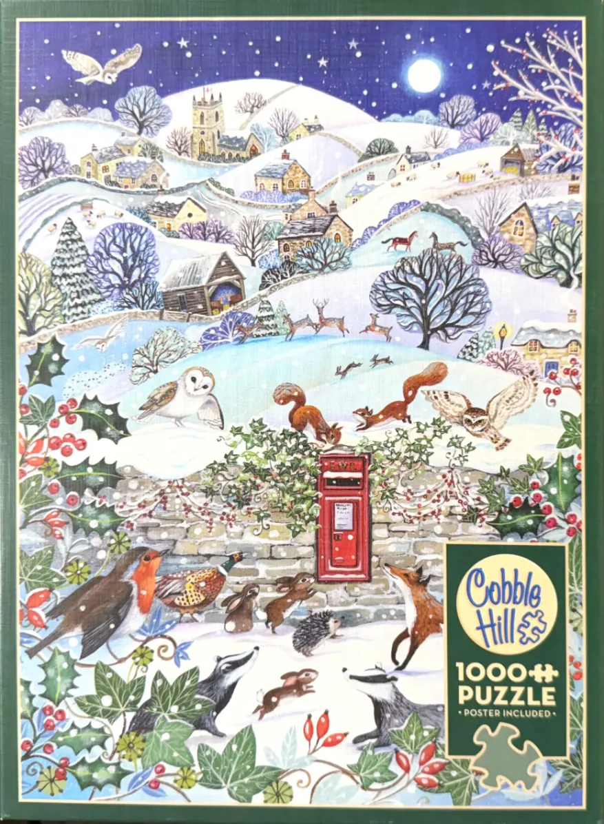 A whimsical winter scene featuring a stone wall, a red post box, and many forest animals under a moonlit sky.
